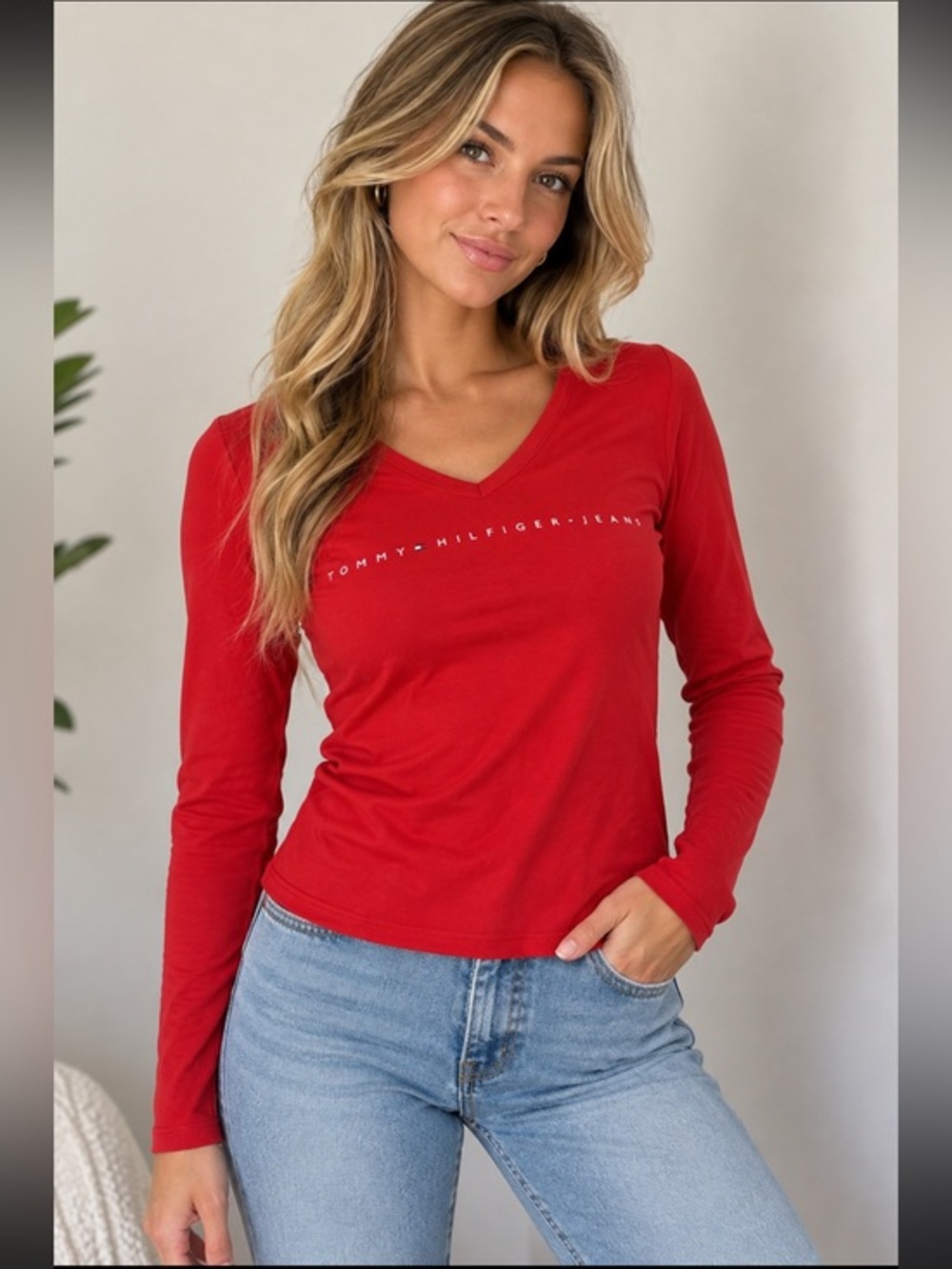 Tommy Hilfiger Jeans Vintage 90s Y2K Red V Neck Long Sleeve Top Medium